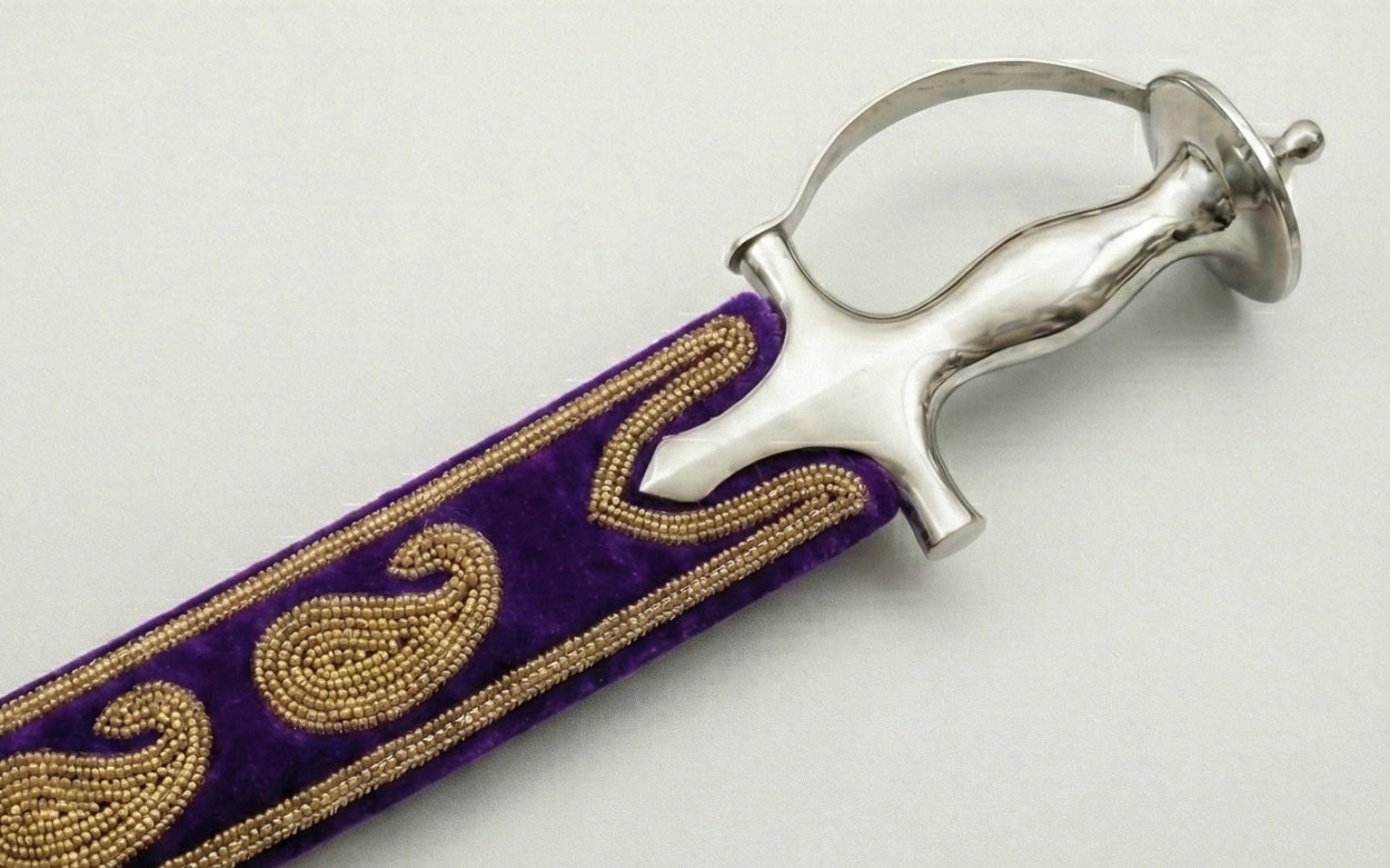 The Royal Amethyst & Gold Paisley Talwar | Deep Purple Velvet Ceremonial Sword | Swordora Royal Collection