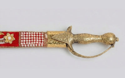 The Crimson Sovereign Heritage Talwar | Deep Red & Gold Groom Sword | Swordora