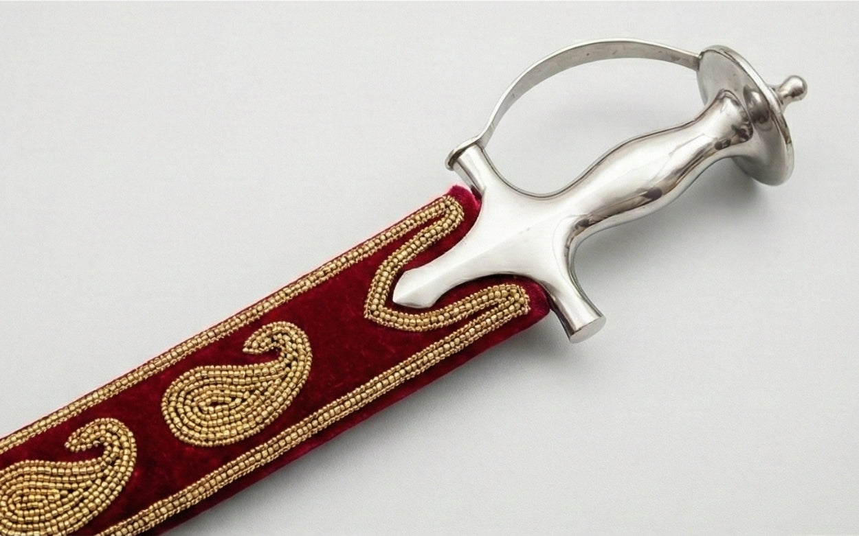 The Royal Maroon & Gold Paisley Talwar | Deep Maroon Velvet Ceremonial Sword | Swordora Royal Collection