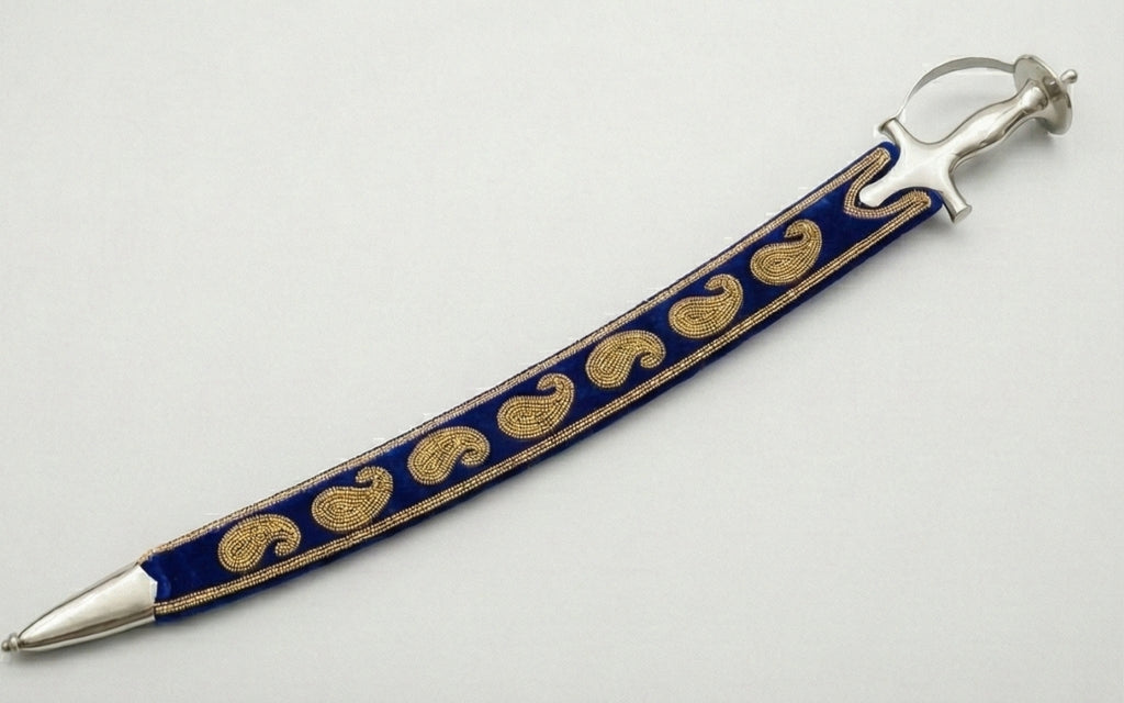 The Royal Navy & Gold Paisley Talwar | Deep Blue Velvet Ceremonial Sword | Swordora Royal Collection