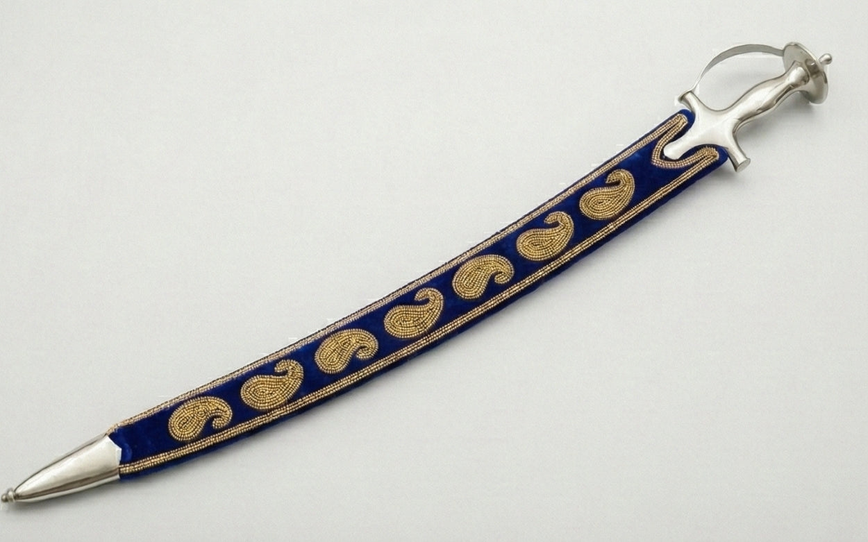 The Royal Navy & Gold Paisley Talwar | Deep Blue Velvet Ceremonial Sword | Swordora Royal Collection