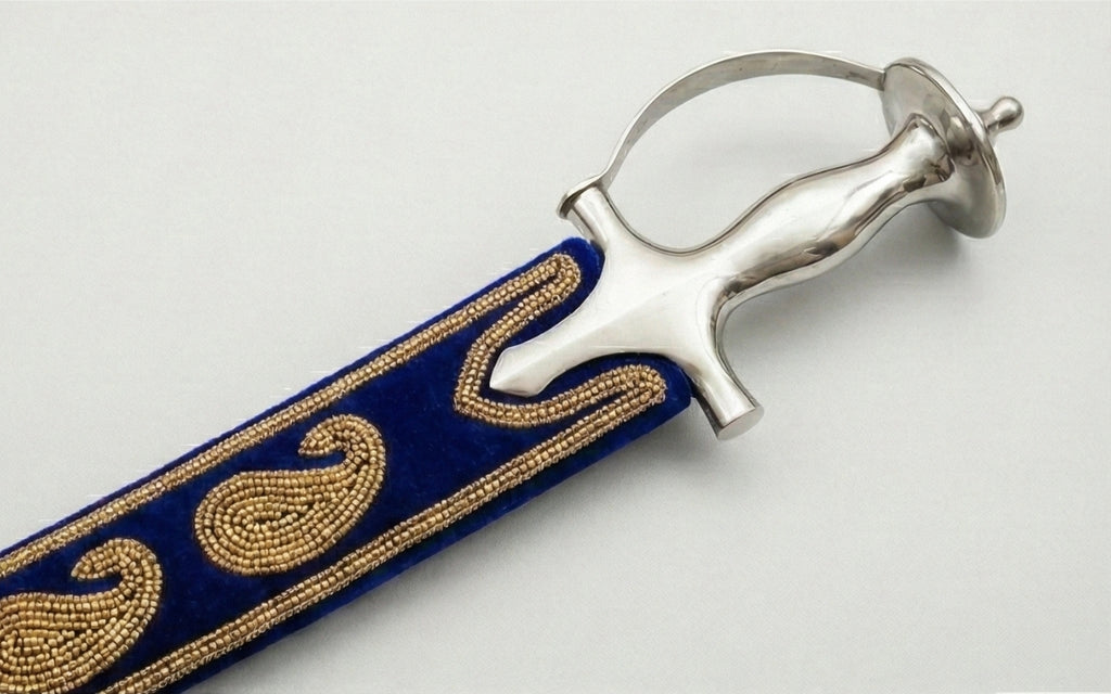 The Royal Navy & Gold Paisley Talwar | Deep Blue Velvet Ceremonial Sword | Swordora Royal Collection