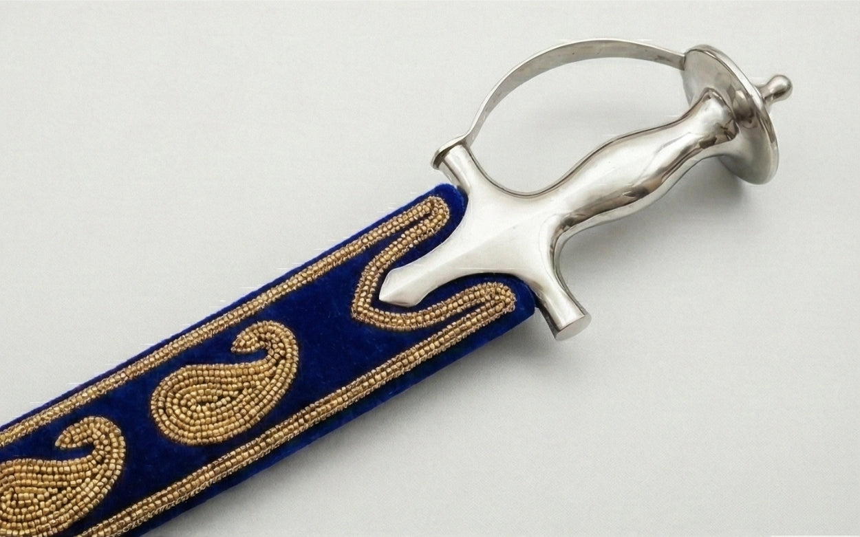 The Royal Navy & Gold Paisley Talwar | Deep Blue Velvet Ceremonial Sword | Swordora Royal Collection