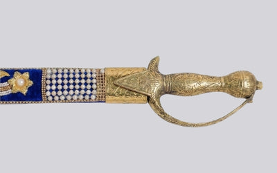 The Floral Sovereign Heritage Talwar | Royal Blue Velvet & Gold Groom Sword | Swordora