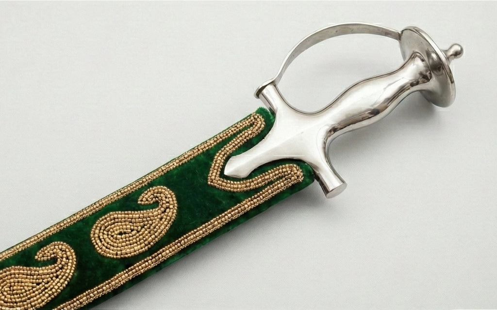 The Emerald & Gold Royal Paisley Talwar | Forest Green Velvet Ceremonial Sword | Swordora Royal Collection
