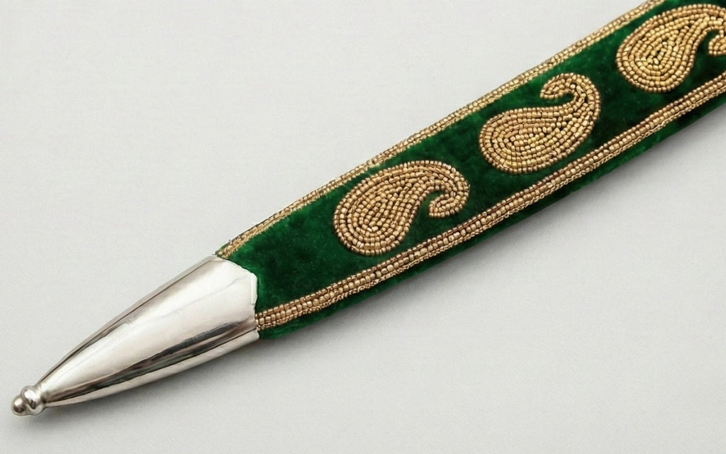 The Emerald & Gold Royal Paisley Talwar | Forest Green Velvet Ceremonial Sword | Swordora Royal Collection