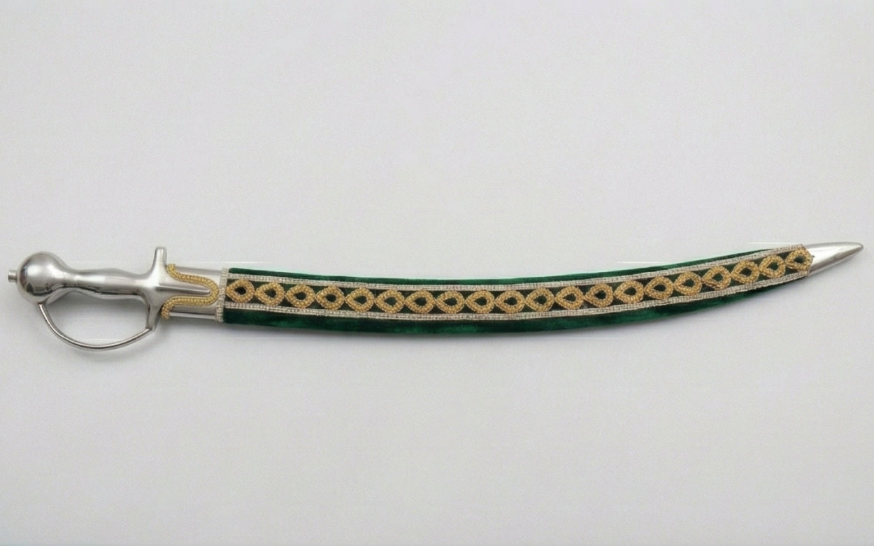 The Emerald & Gold Royal Talwar | Forest Green Velvet Ceremonial Sword | Swordora Royal Collection